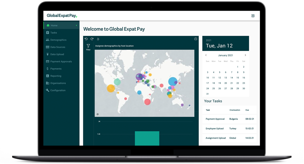 Global Expat Pay product dashboard on a laptop